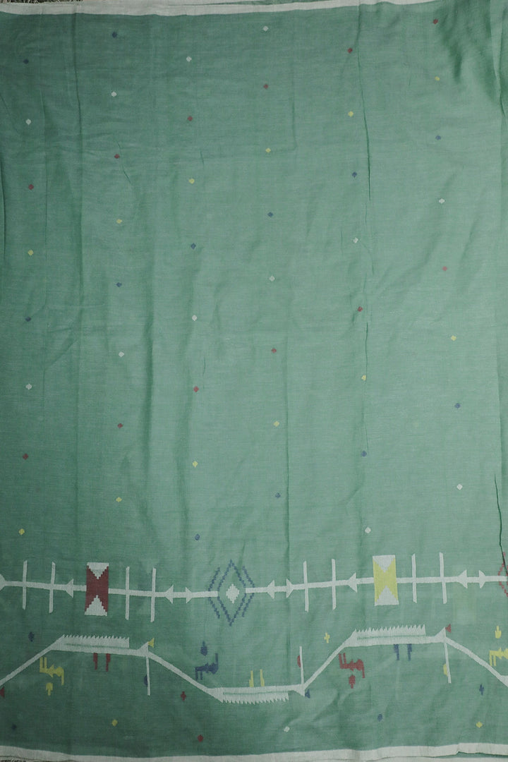 Green with Border Jamdani Cotton Fabric - 0.5m