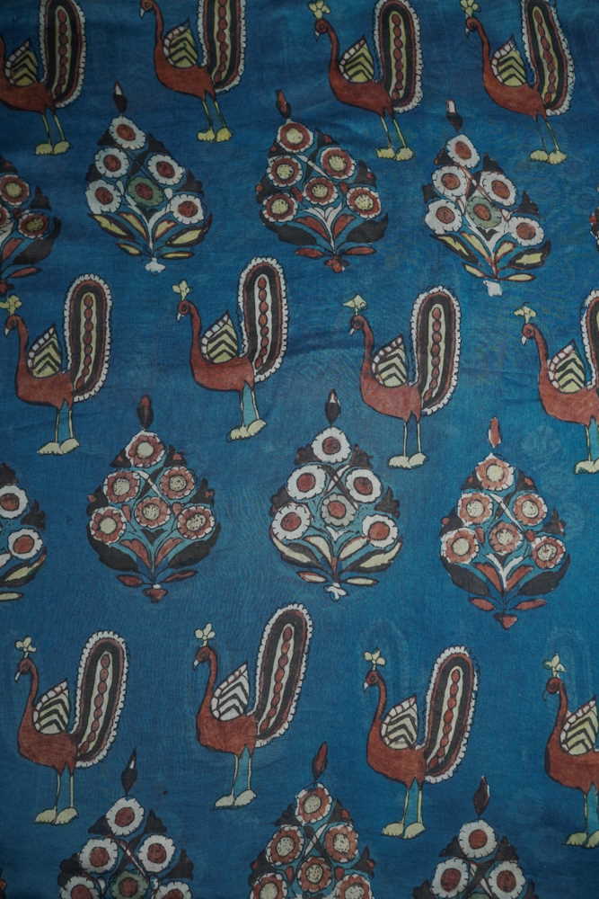 Peacock Motifs on Blue Painted kalamkari Chanderi Fabric