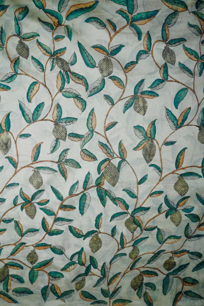 Leafy Floral on Cream Painted kalamkari Chanderi Fabric