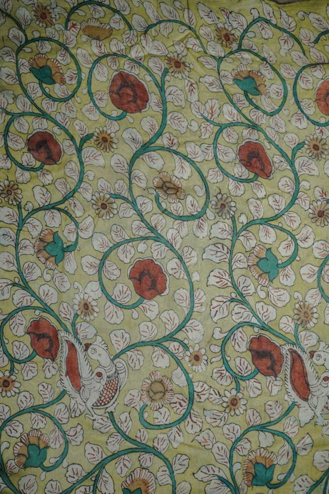 Florals on Yellow Painted kalamkari Chanderi Fabric