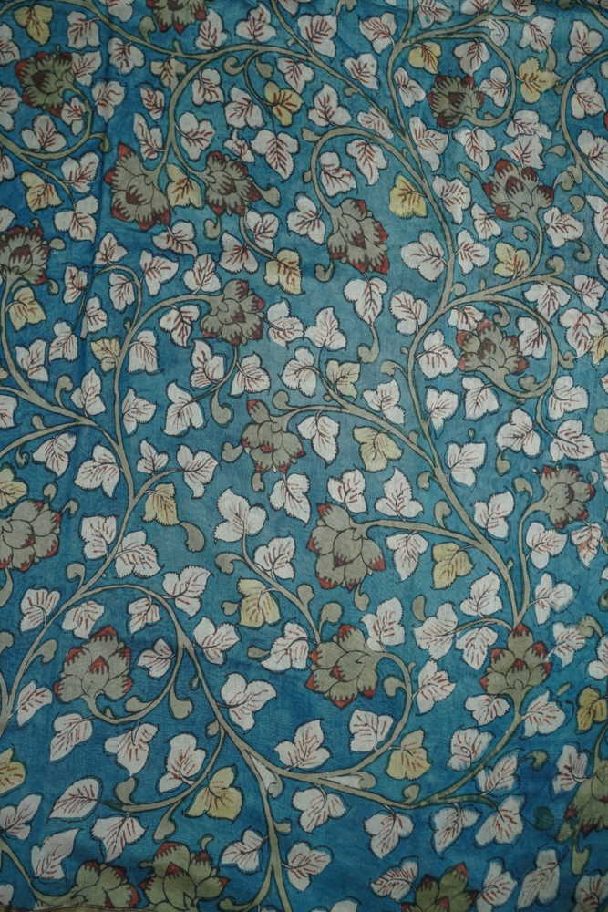 Florals on Blue Painted kalamkari Chanderi Fabric