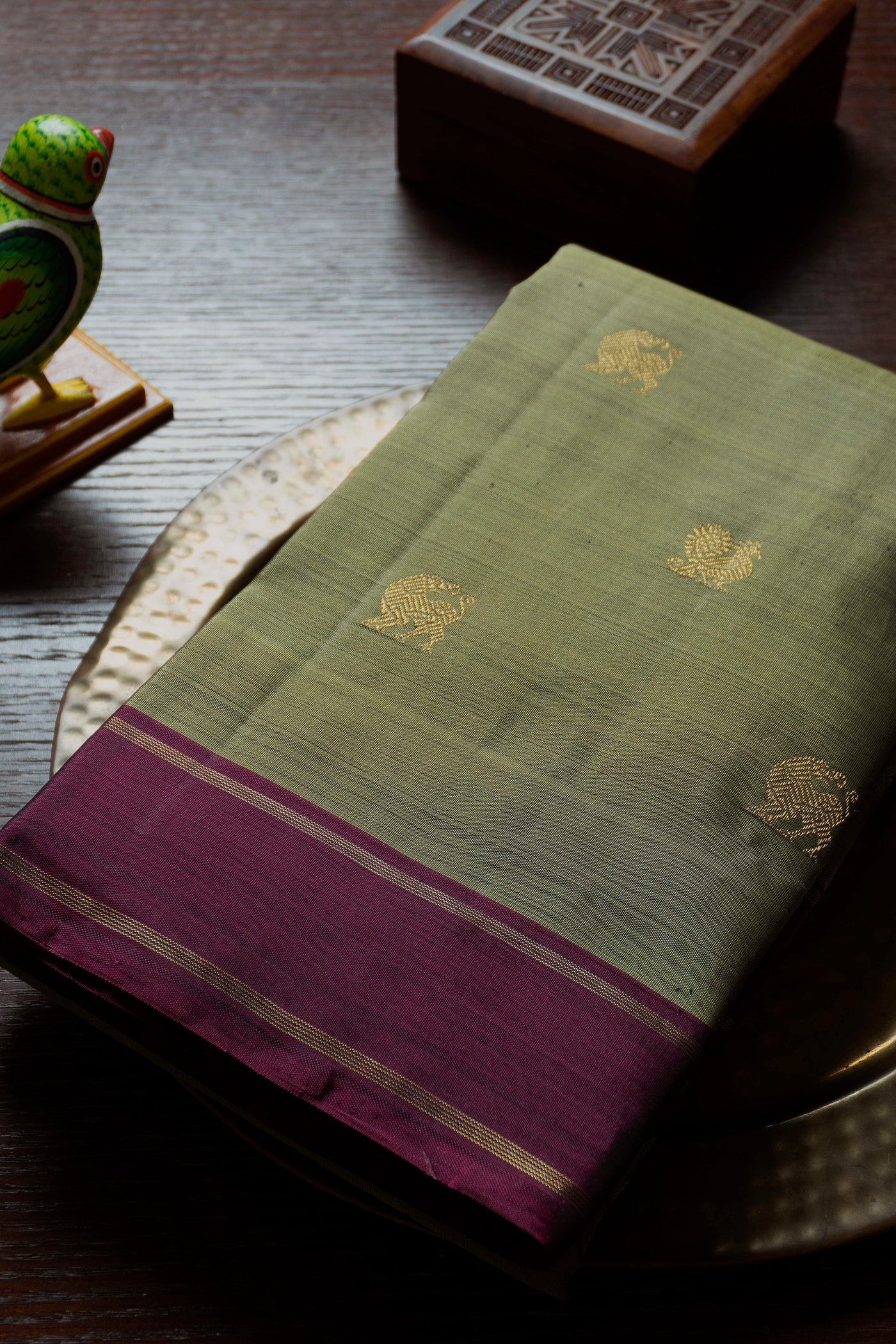 Gold Zari Motifs on Green Kanchipuram Silk saree