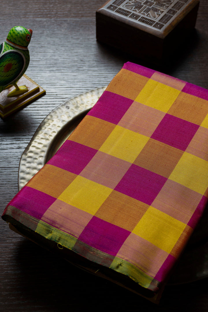 Yellow & Pink Blocks Kanchipuram Silk saree