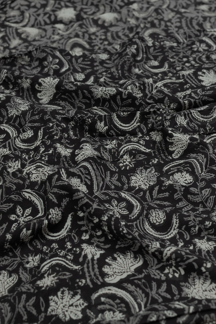 Black Floral Garden Block Printed Cotton Fabric - 2.4m