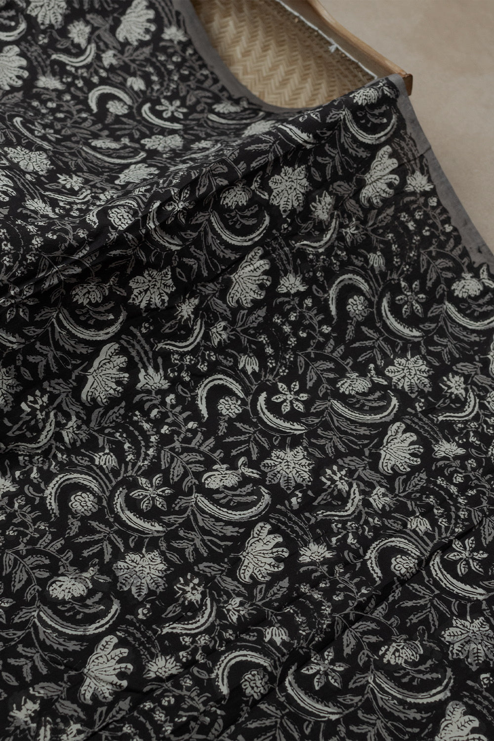 Black Floral Garden Block Printed Cotton Fabric - 2.4m