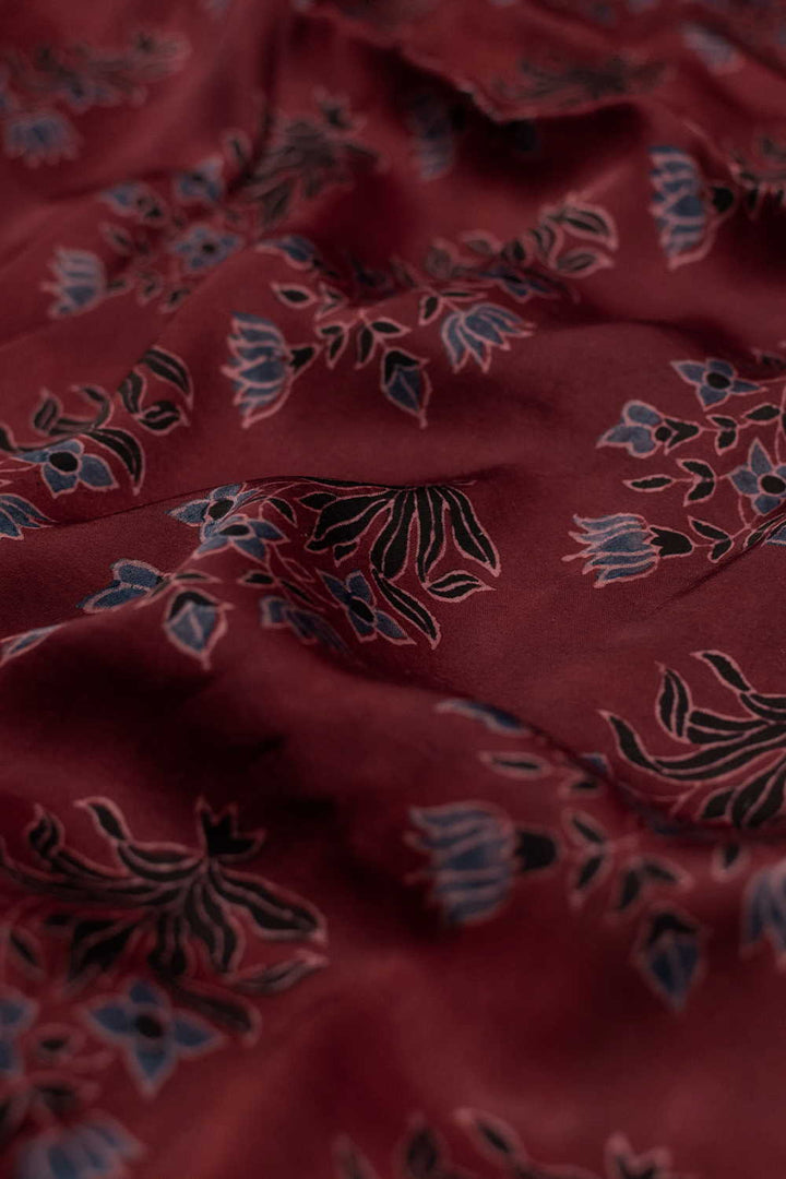 Maroon with Butta Floral Ajrak Modal Silk Fabric - 0.85m