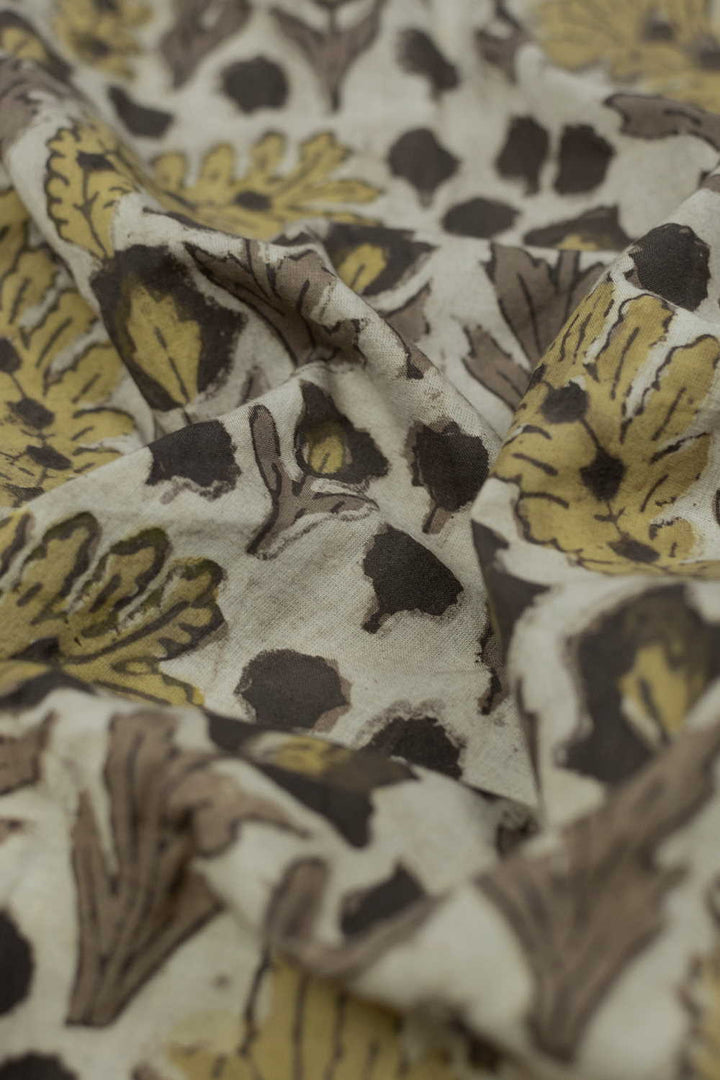 Grey & Yellow Floral Dabu Cotton Fabric