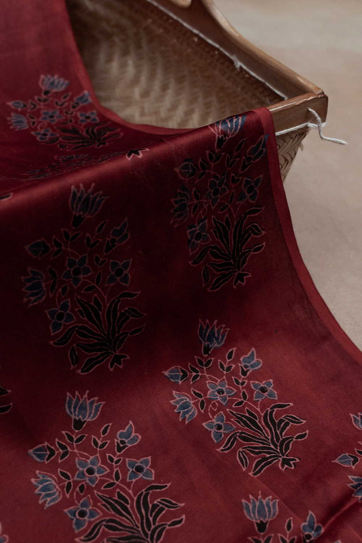 Maroon with Butta Floral Ajrak Modal Silk Fabric