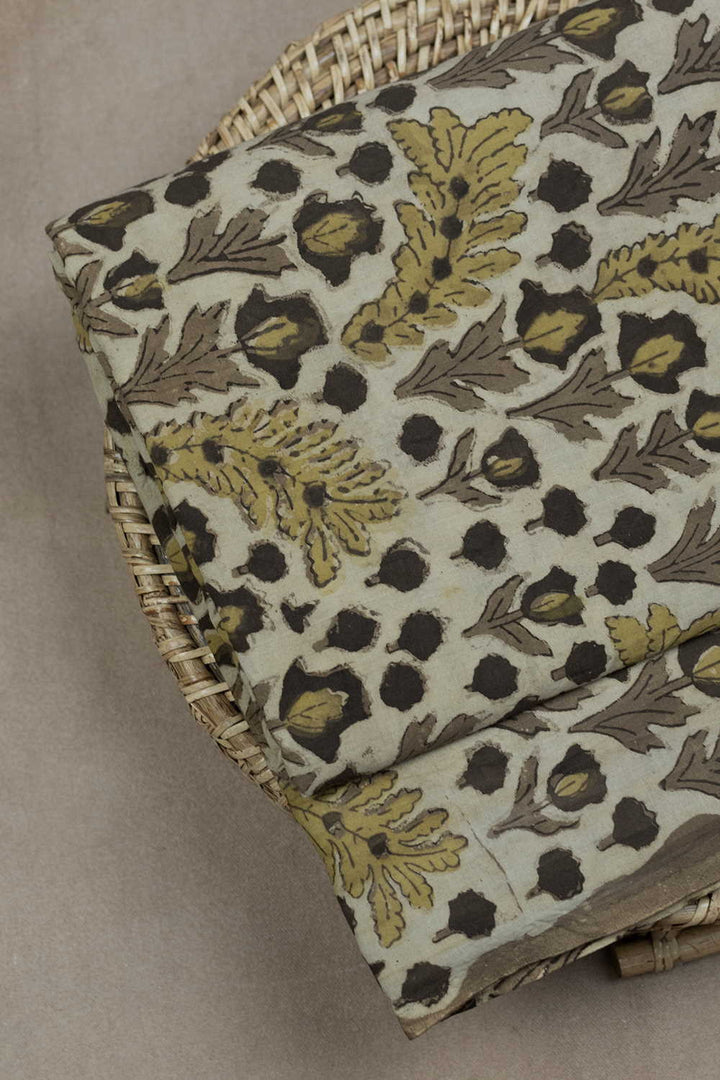 Grey & Yellow Floral Dabu Cotton Fabric