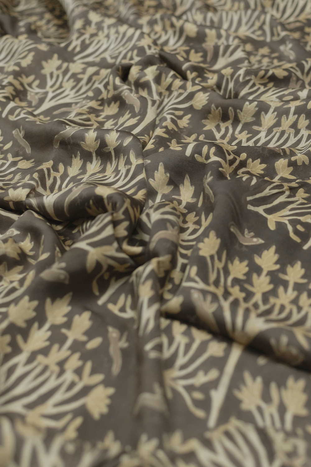 Yellow Floral Block Printed Modal Silk Fabric - 1m