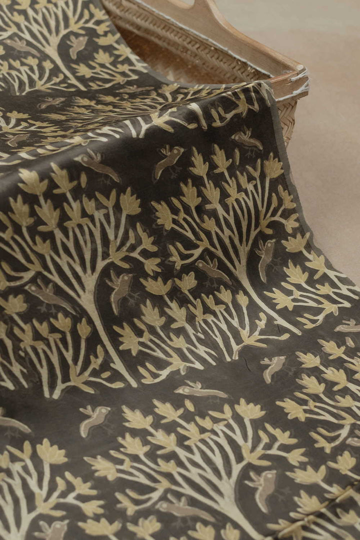 Yellow Floral Block Printed Modal Silk Fabric - 1m