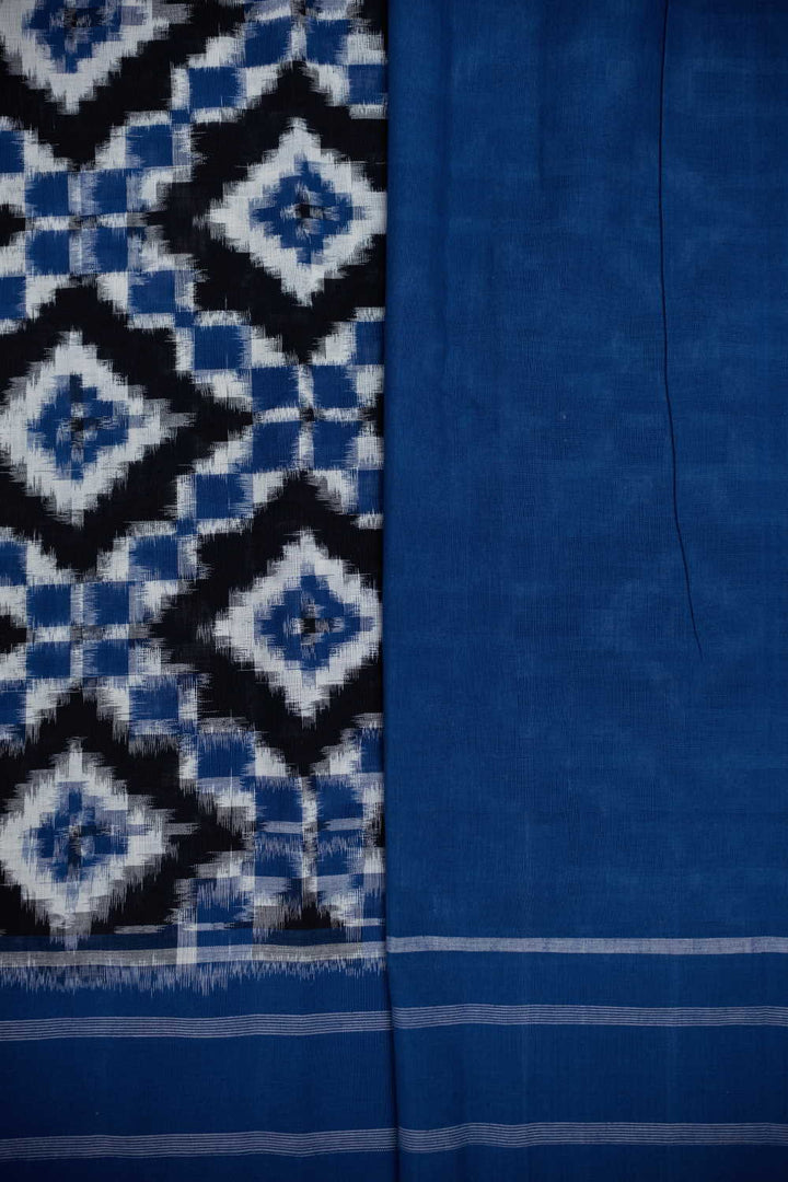 Blue Patterns on Black Ikat Telia Rumal Cotton saree