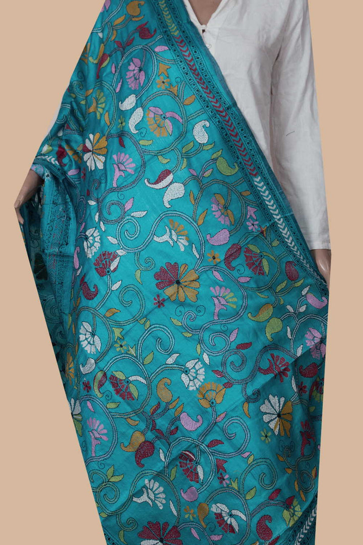 Dark Blue Kantha Tussar Dupatta