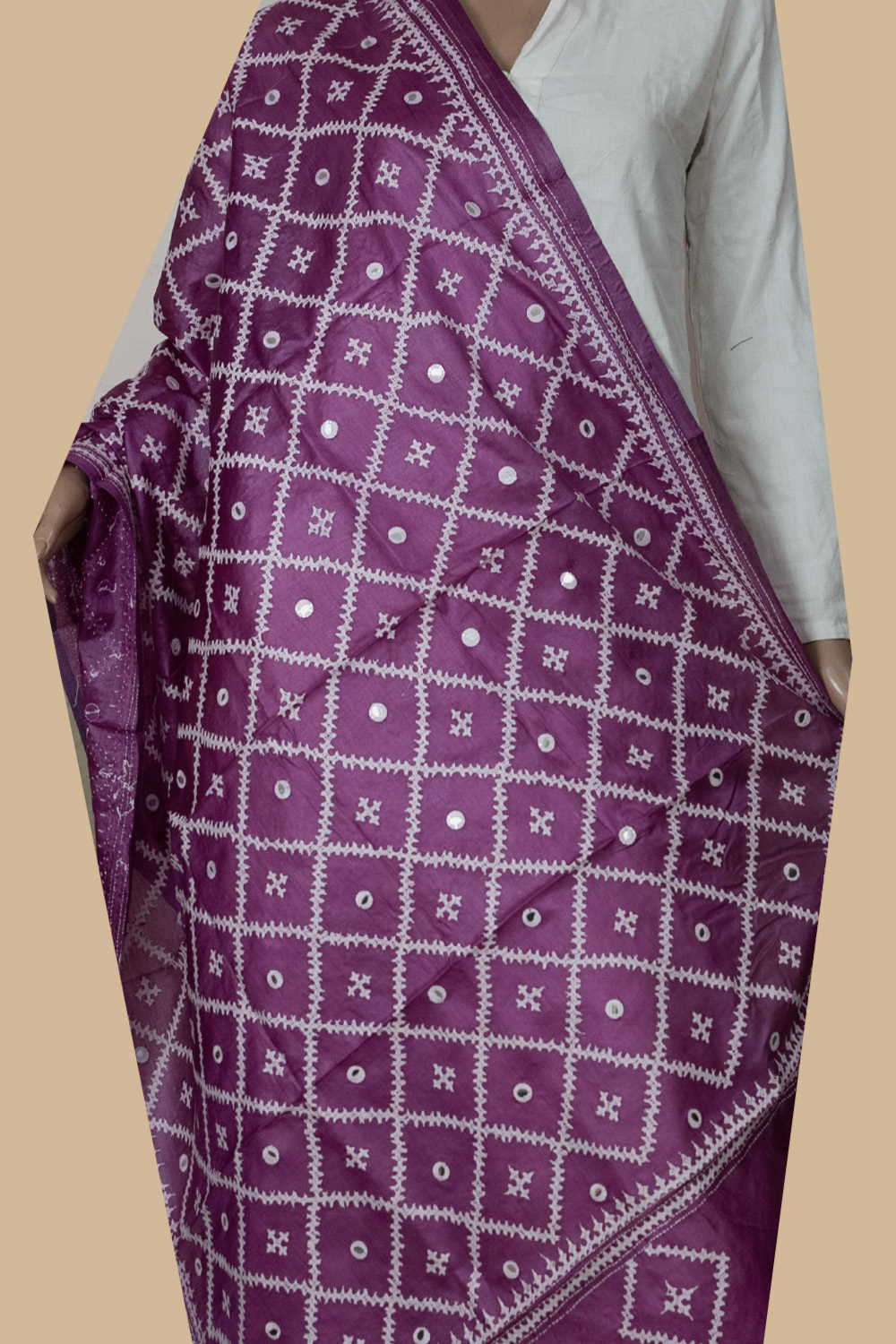 Cream Pattern on Pink Kantha Tussar Dupatta