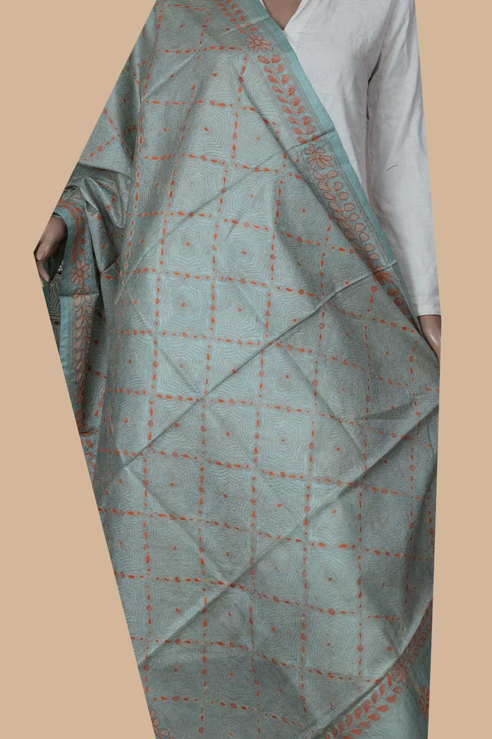 Light Grey Kantha Tussar Dupatta