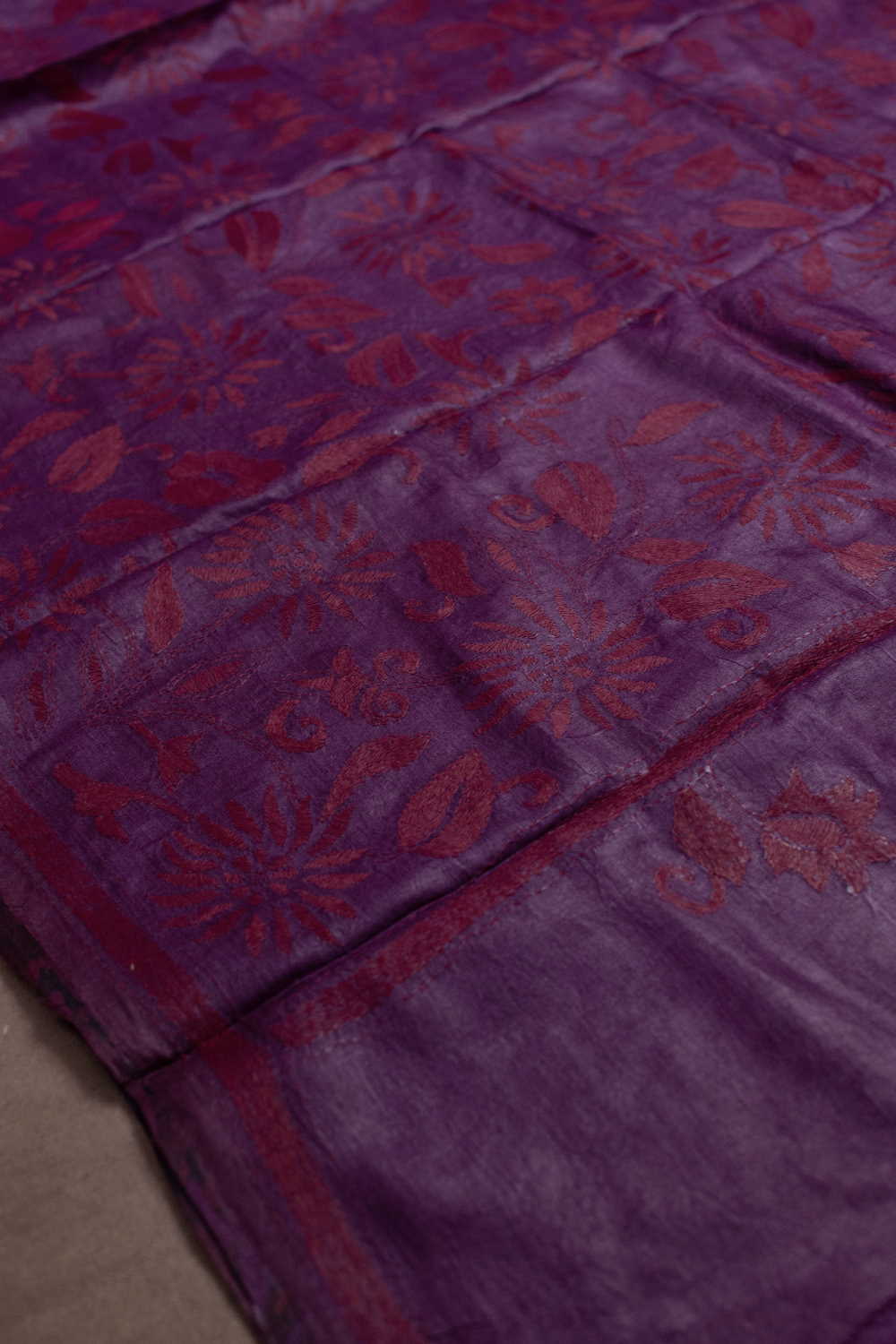 Pink with Maroon Floral Kantha Tussar Dupatta