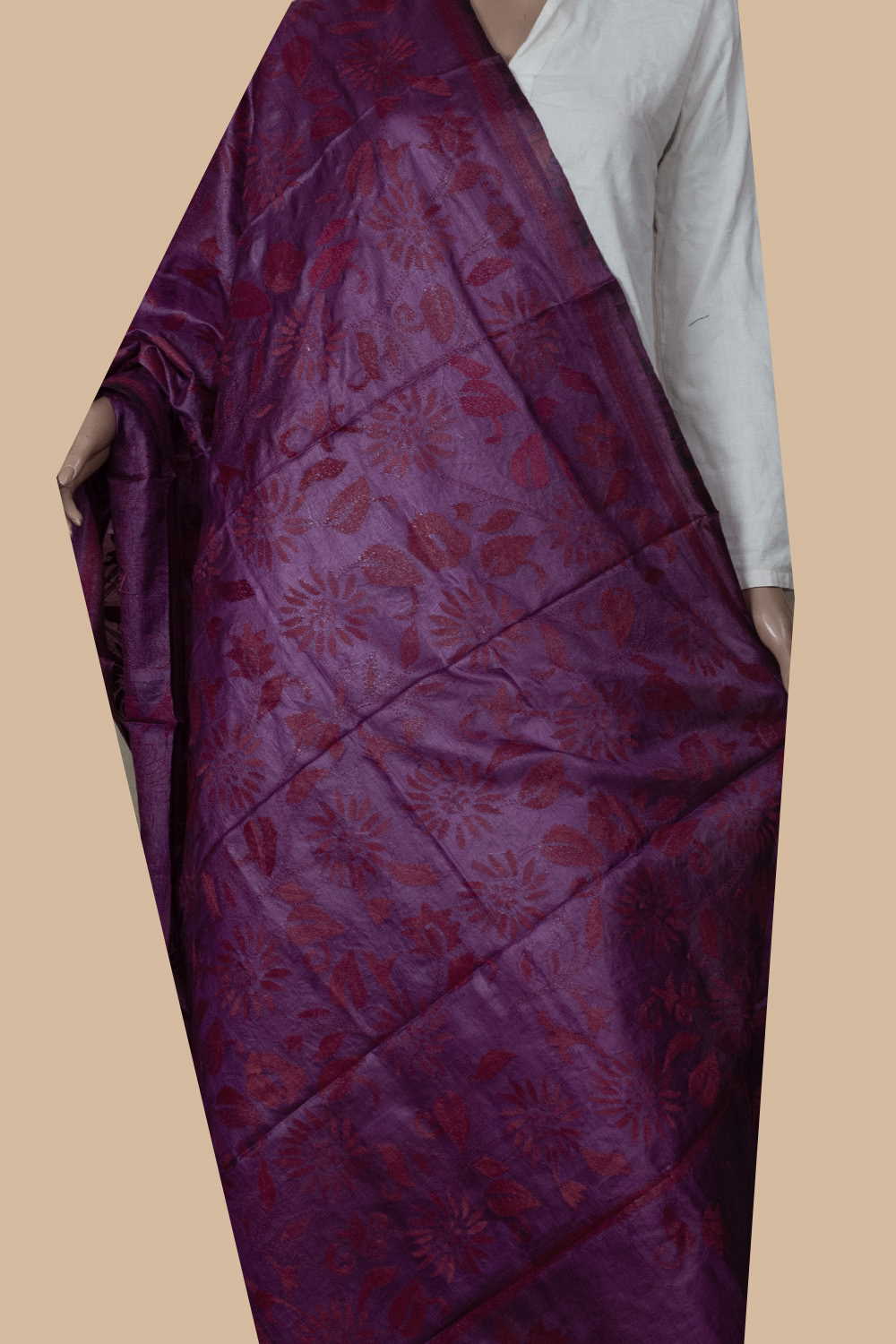 Pink with Maroon Floral Kantha Tussar Dupatta