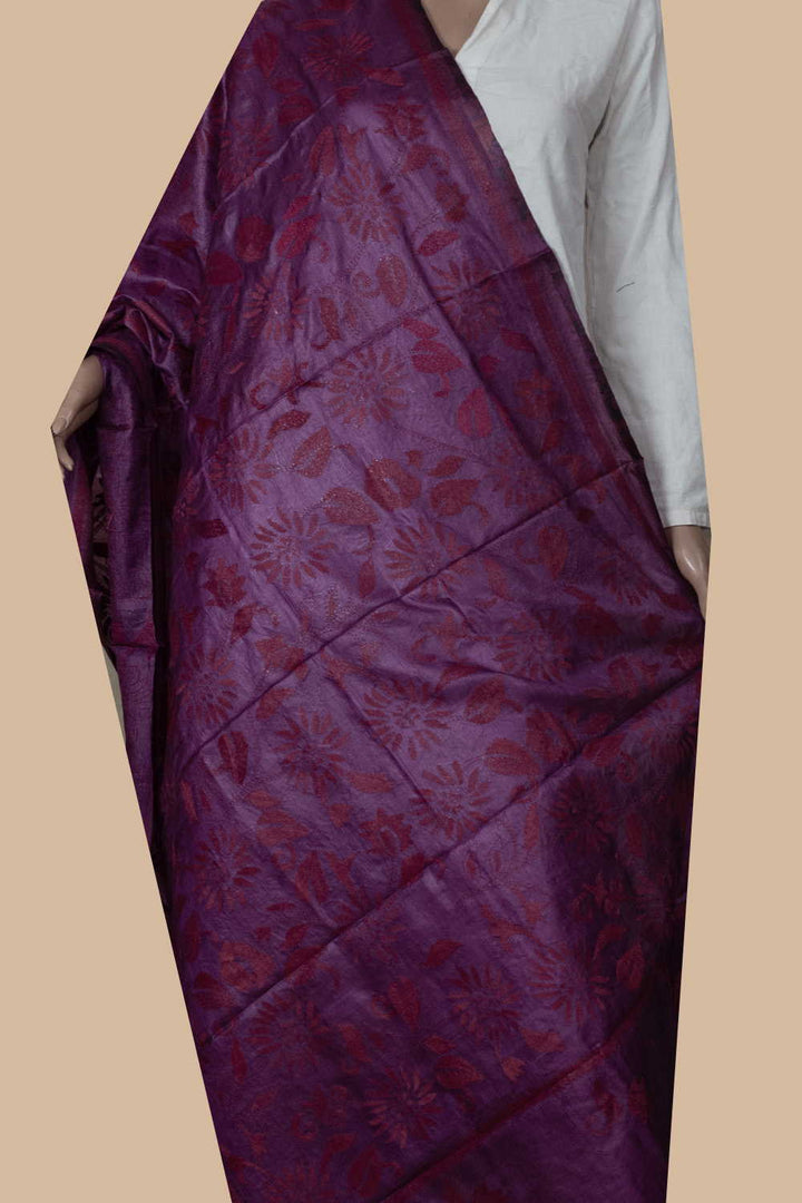 Pink with Maroon Floral Kantha Tussar Dupatta