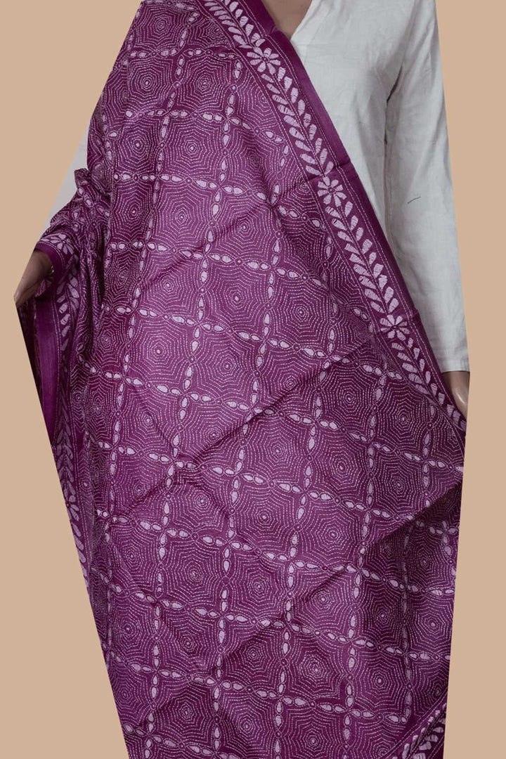 Hot Pink Kantha Tussar Dupatta