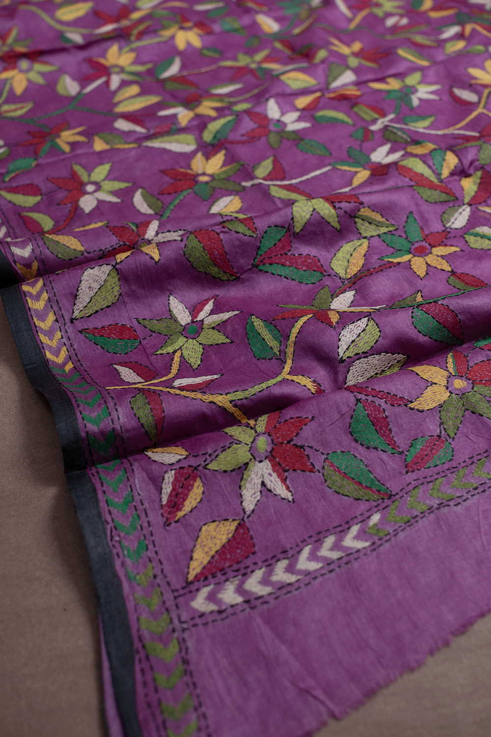 Colored Floral Kantha Tussar Dupatta