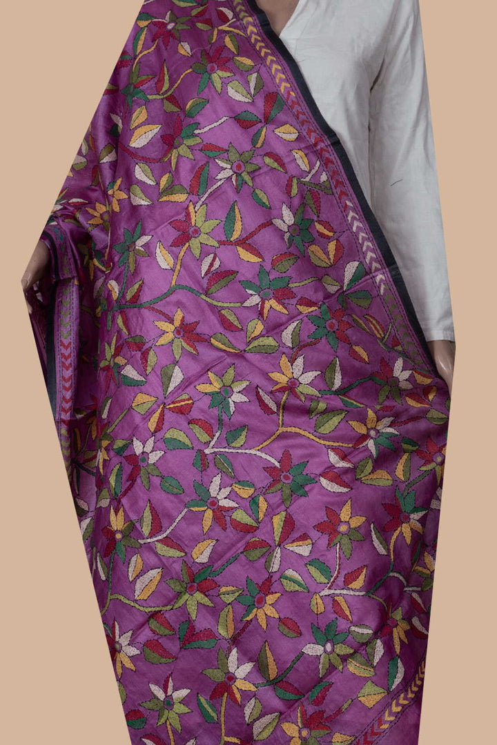 Colored Floral Kantha Tussar Dupatta