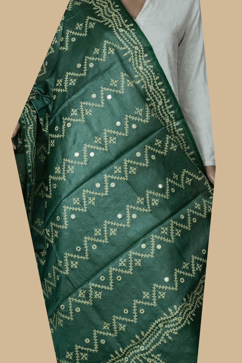 Dark Green Kantha Tussar Dupatta