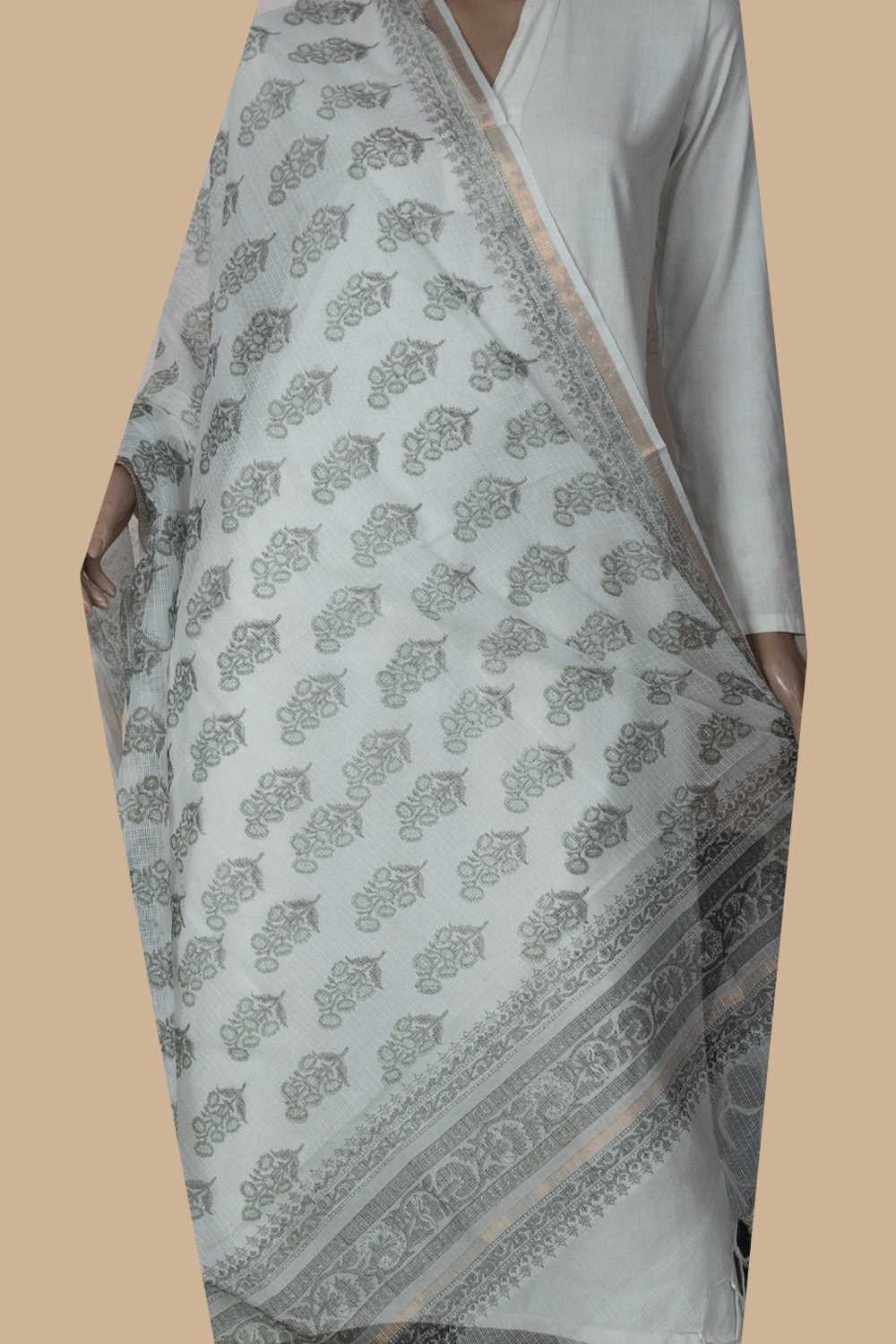 Coconut White Block Printed Kota Cotton Dupatta