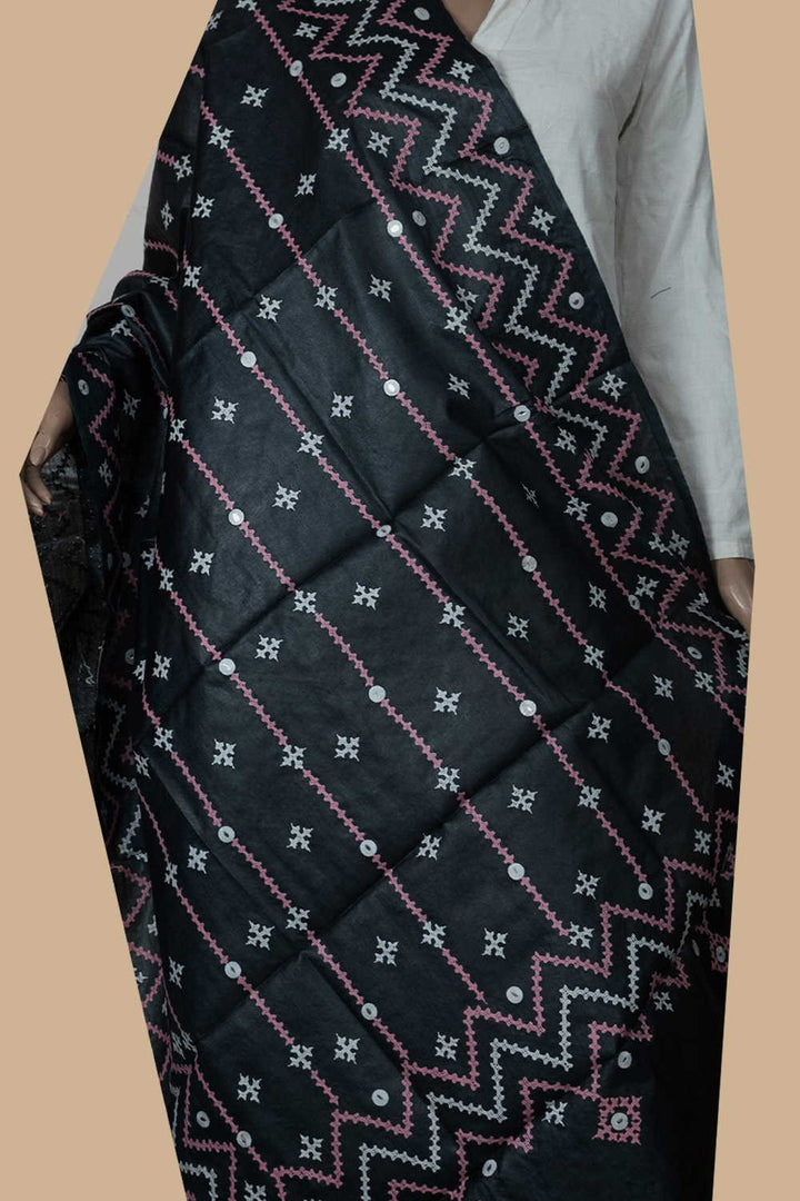 Pitch Black Kantha Tussar Dupatta