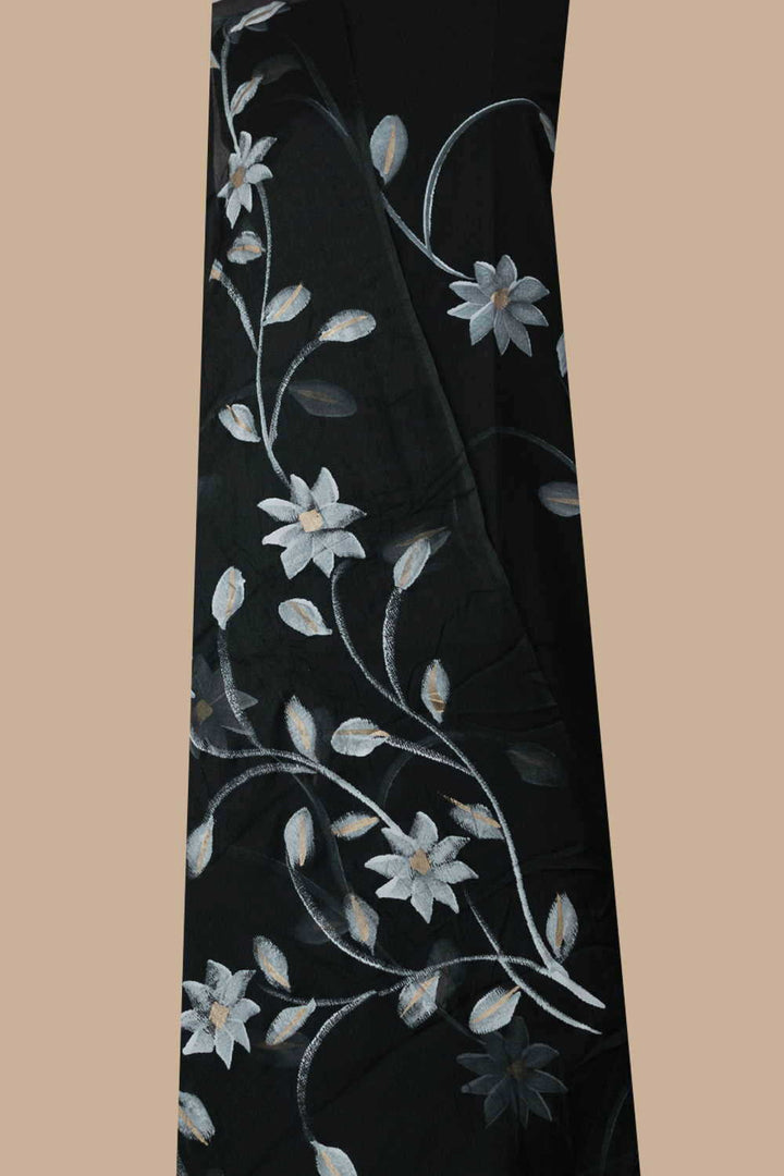 Cream Floral on Black Block Printed Cotton Suit