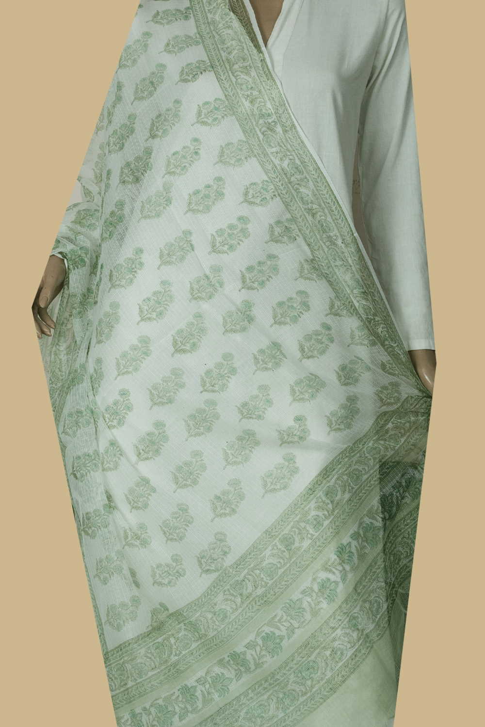 Green Florals Block Printed Kota Cotton Dupatta