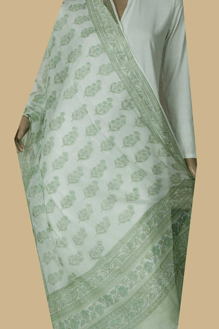 Green Florals Block Printed Kota Cotton Dupatta