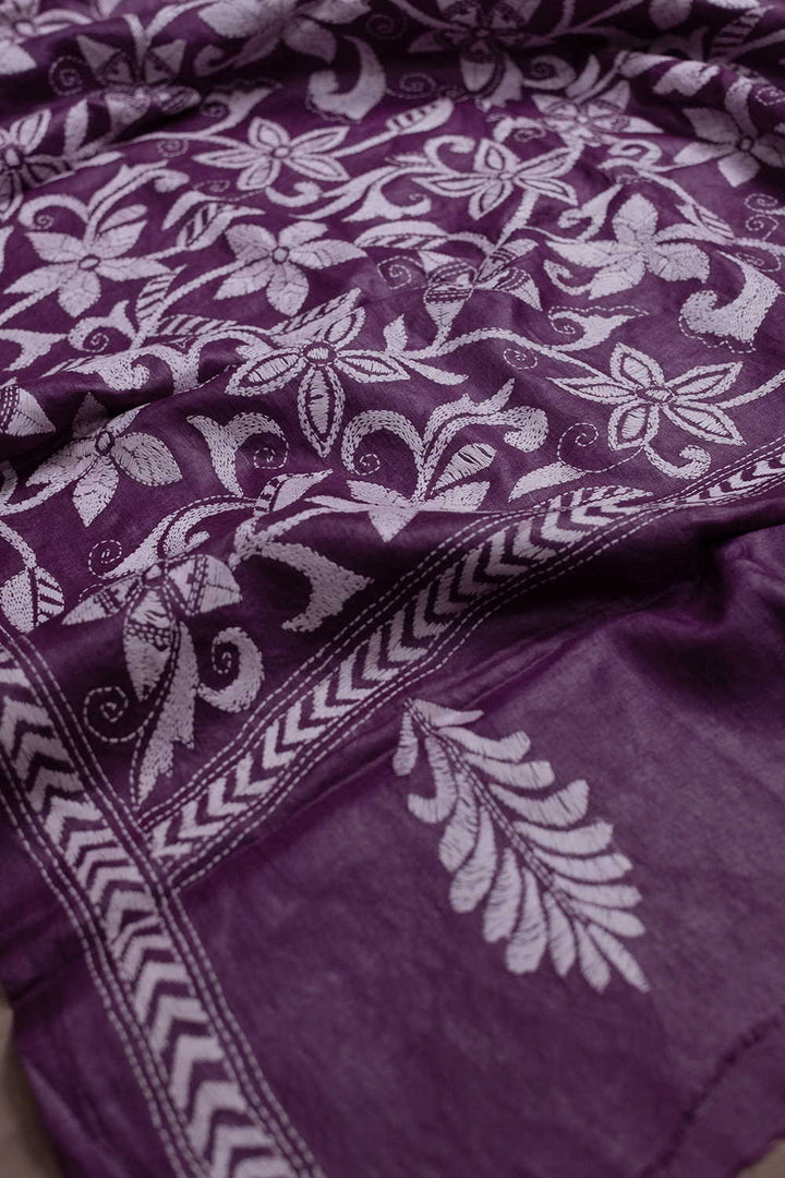 Mauve Purple Kantha Tussar Dupatta