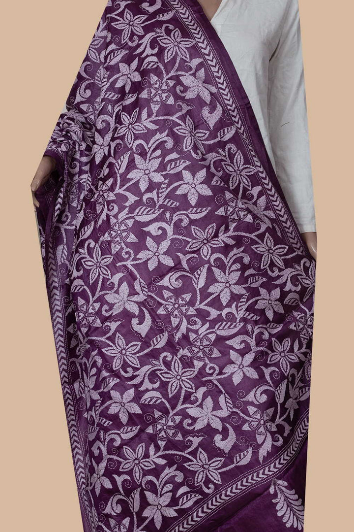 Mauve Purple Kantha Tussar Dupatta