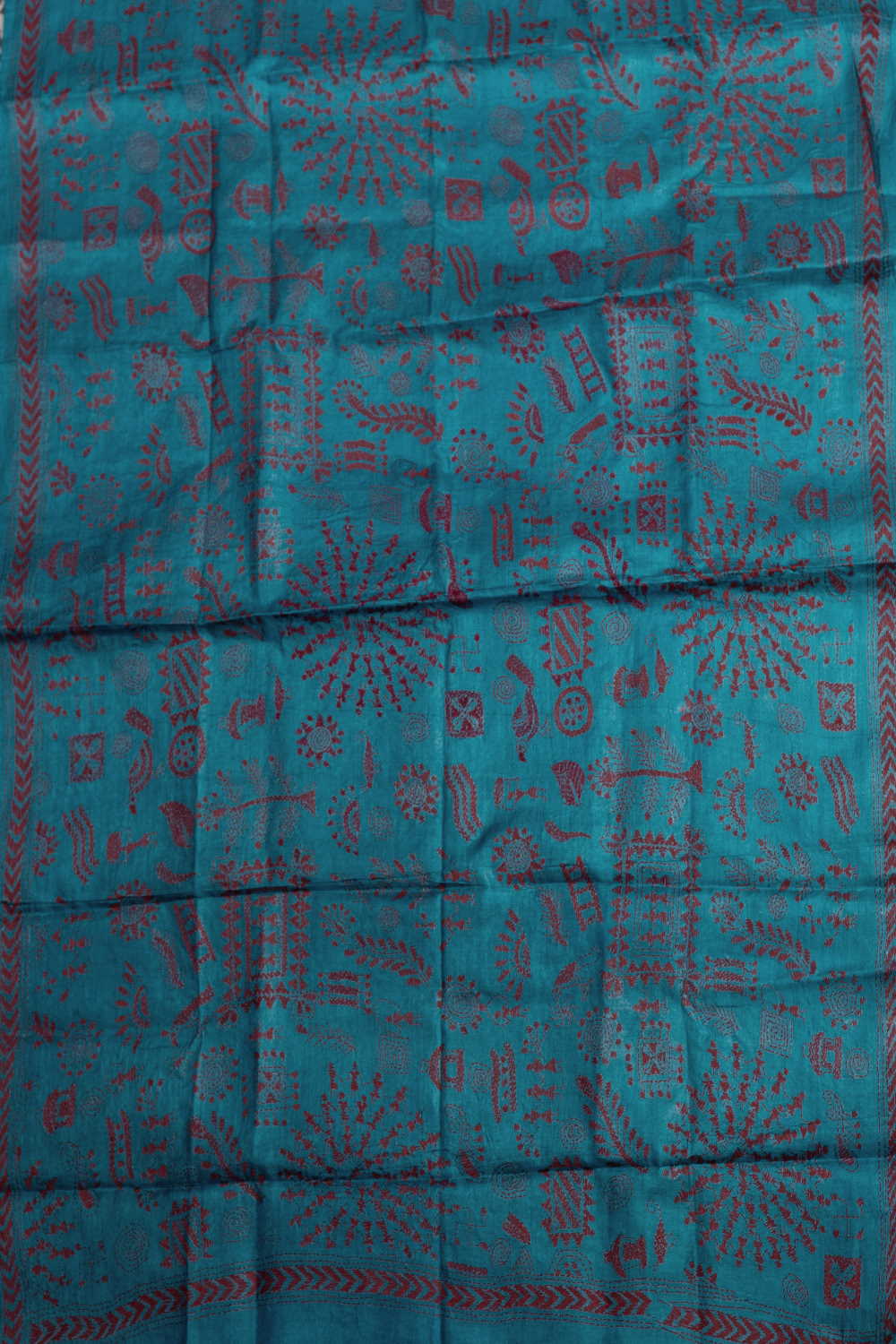 Maroon Pattern on Blue Kantha Tussar Dupatta