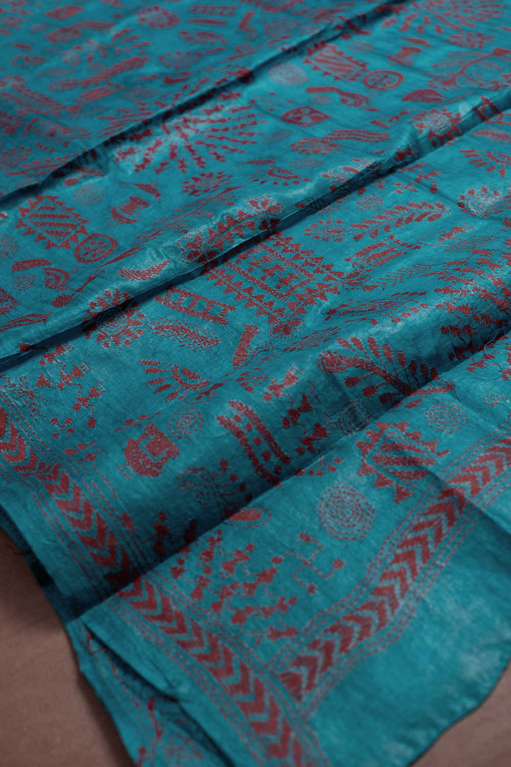 Maroon Pattern on Blue Kantha Tussar Dupatta