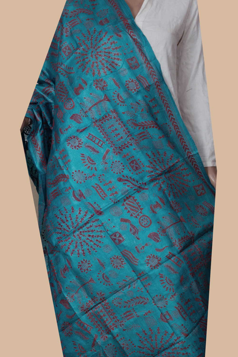 Maroon Pattern on Blue Kantha Tussar Dupatta