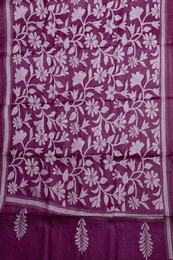 Pink Garden with Cream Floral Kantha Tussar Dupatta