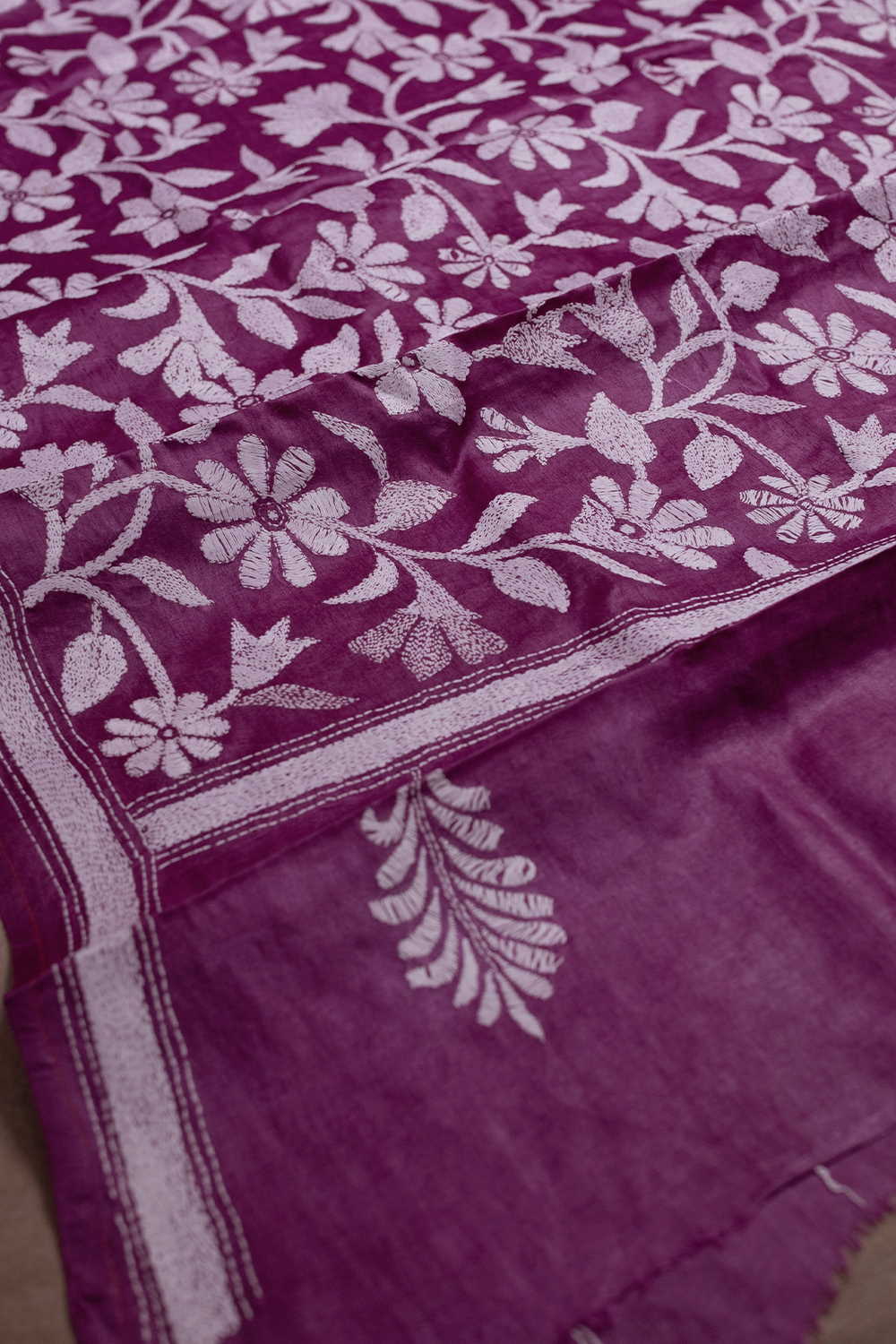 Pink Garden with Cream Floral Kantha Tussar Dupatta