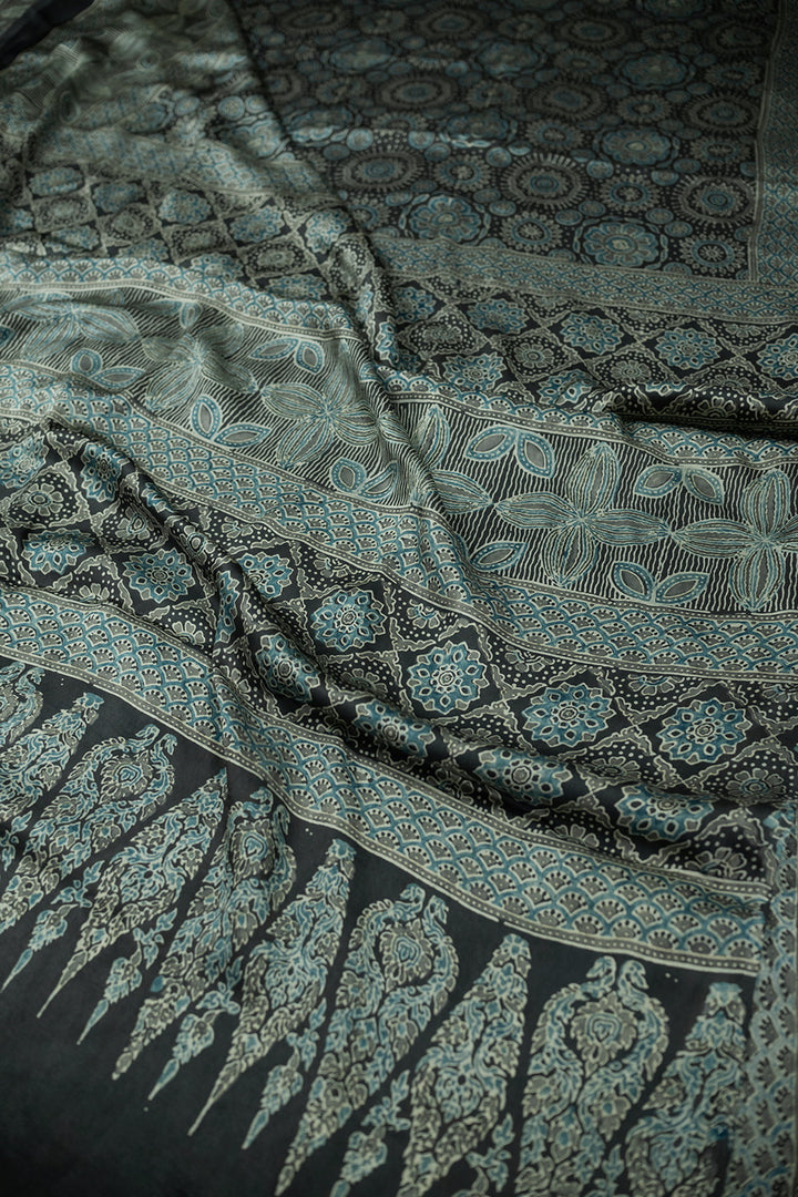 Grey Block Printed Modal Silk saree