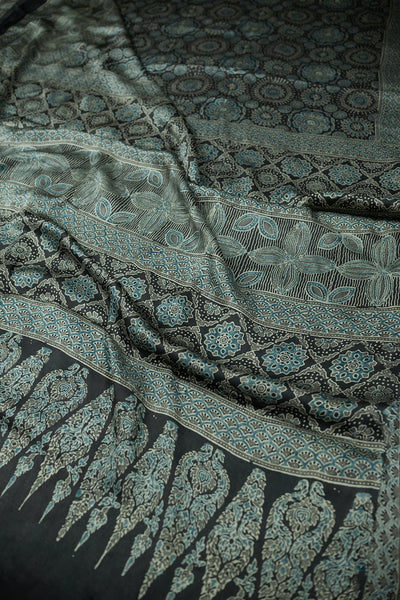 Grey Block Printed Modal Silk saree