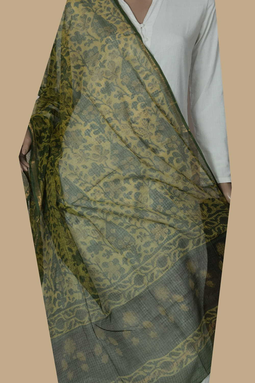 Yellow Block Printed Kota Cotton Dupatta