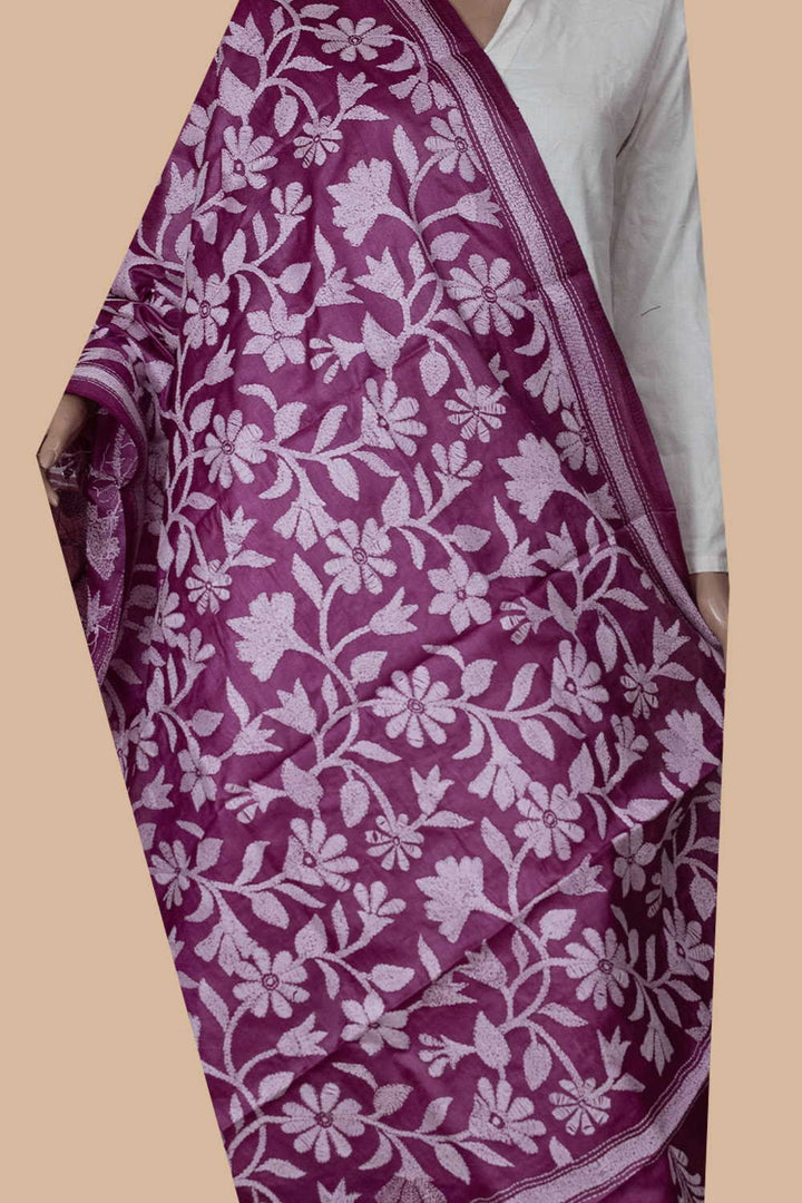 Pink Garden with Cream Floral Kantha Tussar Dupatta