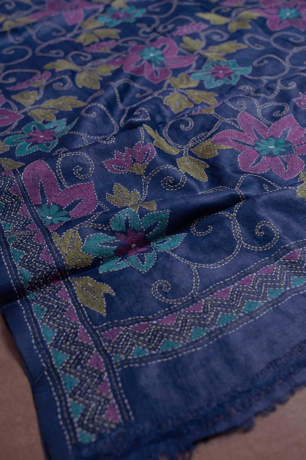 Midnight Blue Kantha Tussar Dupatta