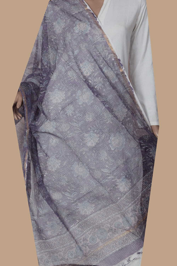 Purple Block Printed Kota Cotton Dupatta