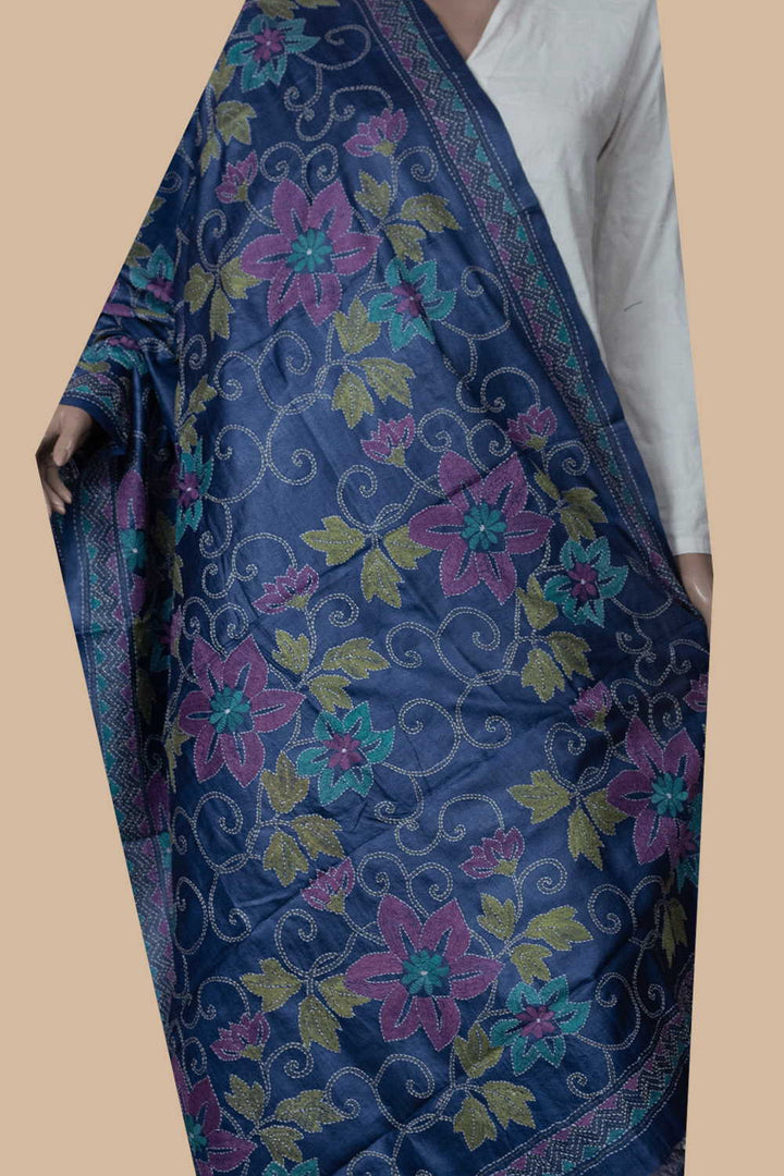 Midnight Blue Kantha Tussar Dupatta