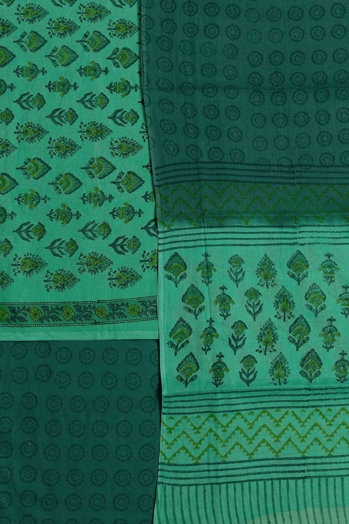 Floral Butta on Green Block Printed Cotton Suit