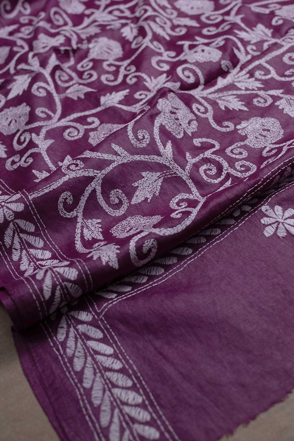 Cream Floral on Pink Kantha Tussar Dupatta