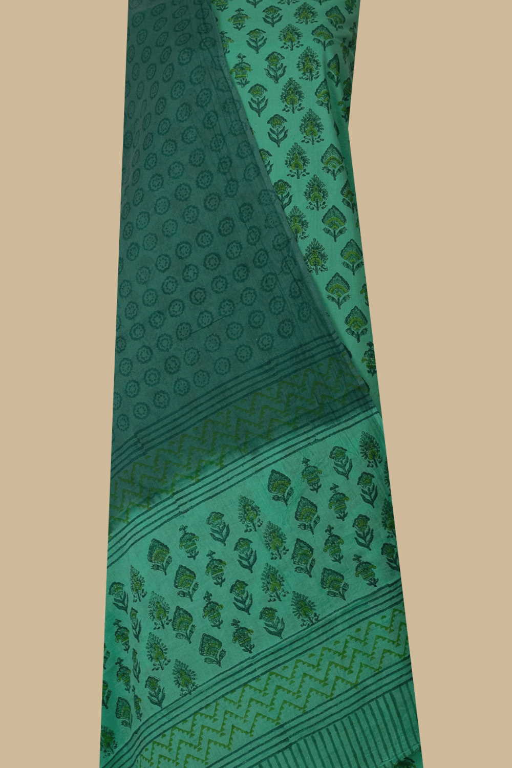 Floral Butta on Green Block Printed Cotton Suit