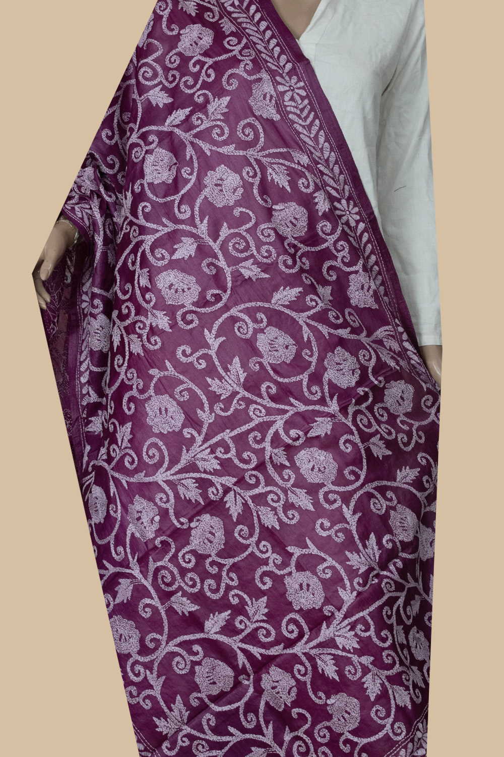 Cream Floral on Pink Kantha Tussar Dupatta