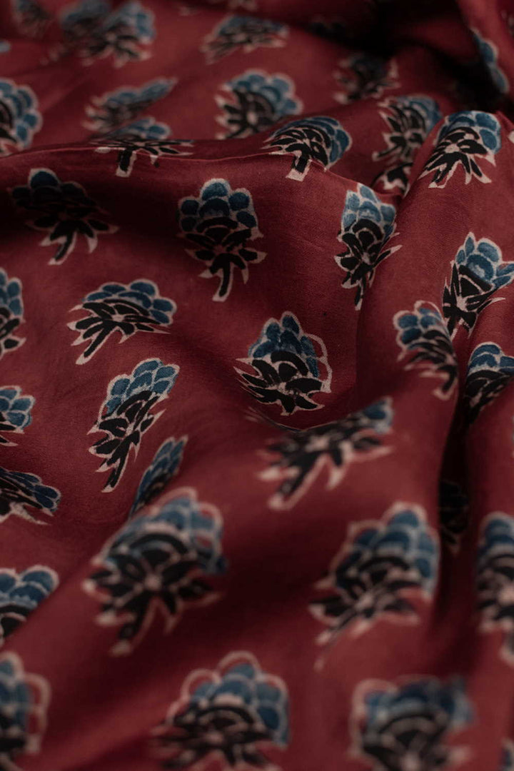 Maroon with Indigo Floral Ajrak Modal Silk Fabric